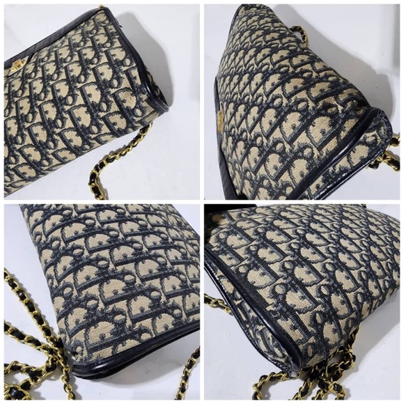SOLDAuthentic Christian Dior Vintage Trotter Canvas Shoulder Bag Navy Blue/Beige - Picture 15 of 16